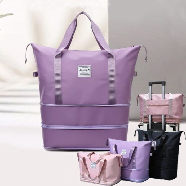 The central focus of the image is a durable travel bag designed for efficient organization. The bag is primarily purple, with a lighter shade on the top and a darker shade on the bottom. A horizontal line visually separates the two sections, suggesting dry and wet separation capabilities.