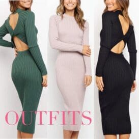 Three women showcasing Women’s Backless Sweater Dresses in green, pink, and black, featuring elegant cut-outs and a snug fit that highlights the silhouette.