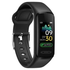 Black Bluetooth sports bracelet with a digital display showing time, heart rate, and step count, indicating health tracking features