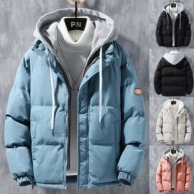 Windproof winter jacket displayed in four color options, with a focus on the blue jacket, featuring a hood, zippered pockets, and insulated design to provide warmth and protection against the elements.