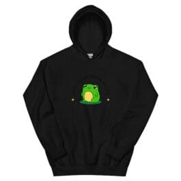 Unisex black hoodie featuring a cute green frog with a coffee cup and the text Just living my best life, surrounded by small stars. Product: Unisex Hoodie - Comfortable and Stylish for All Genders.