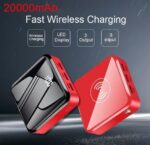 Compact Mini power bank with fast wireless charging feature, showcasing a sleek black and vibrant red design, indicating battery percentage and USB port availability.