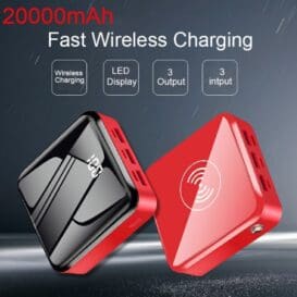 Compact Mini power bank with fast wireless charging feature, showcasing a sleek black and vibrant red design, indicating battery percentage and USB port availability.