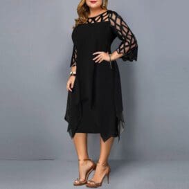 Elegant black Lace splicing chiffon dress with three-quarter sleeves and asymmetrical hemline, displayed on a model against a grey background.