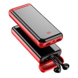 Red and black Bluetooth headset power bank with integrated earpieces for wireless audio and mobile charging.