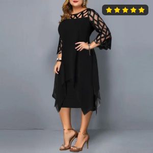 Lace Splicing Chiffon Dress With Irregular Hem With Seven Minute Sleeves