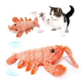 Electric jumping shrimp pet toy with realistic movements, designed to entertain cats, displayed alongside a curious cat interacting with the toy.