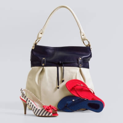 Elegant cream and navy blue handbag paired with stylish striped high heel and casual red and blue flip-flops, showcasing a versatile range of Bags & Shoes.