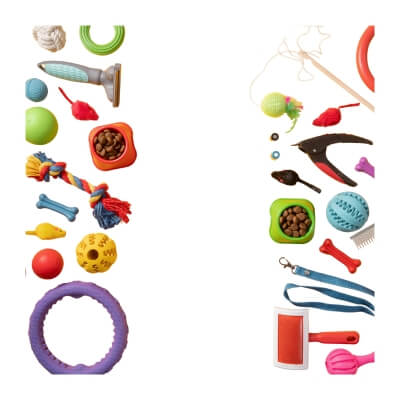 Assortment of pet products including toys, grooming tools, and feeding bowls isolated on white background, ideal for pet owners looking for variety.