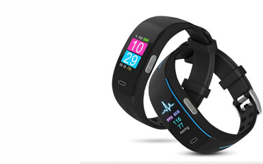 Black smart fitness tracker wristband with colorful display showing time, heart rate, and step count on a white background.